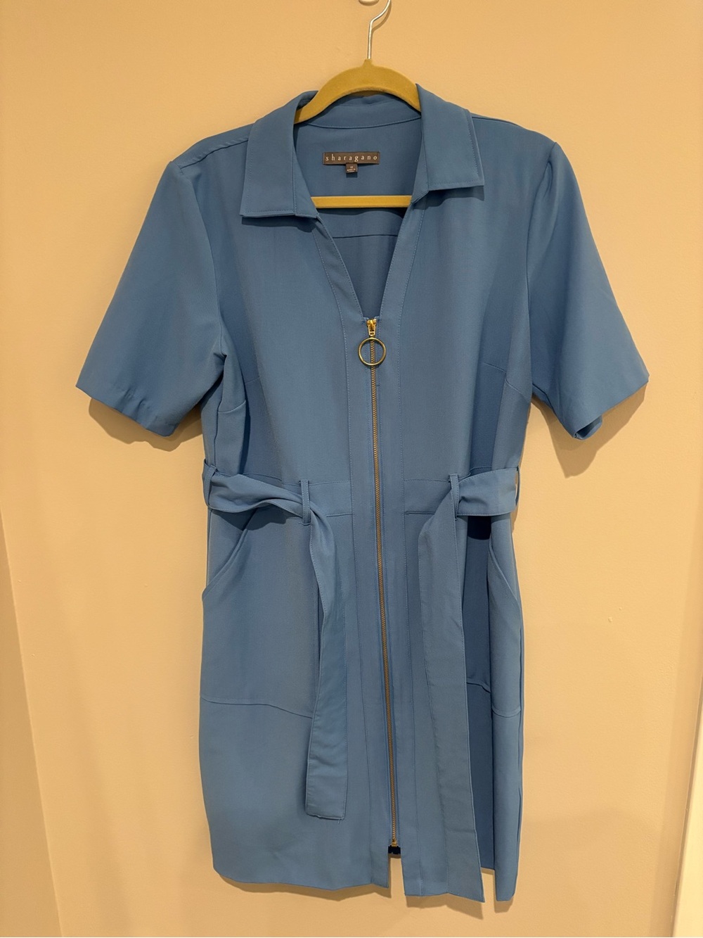 Sharagano Dusty Blue Short Sleeve Zip-Front Mini Dress